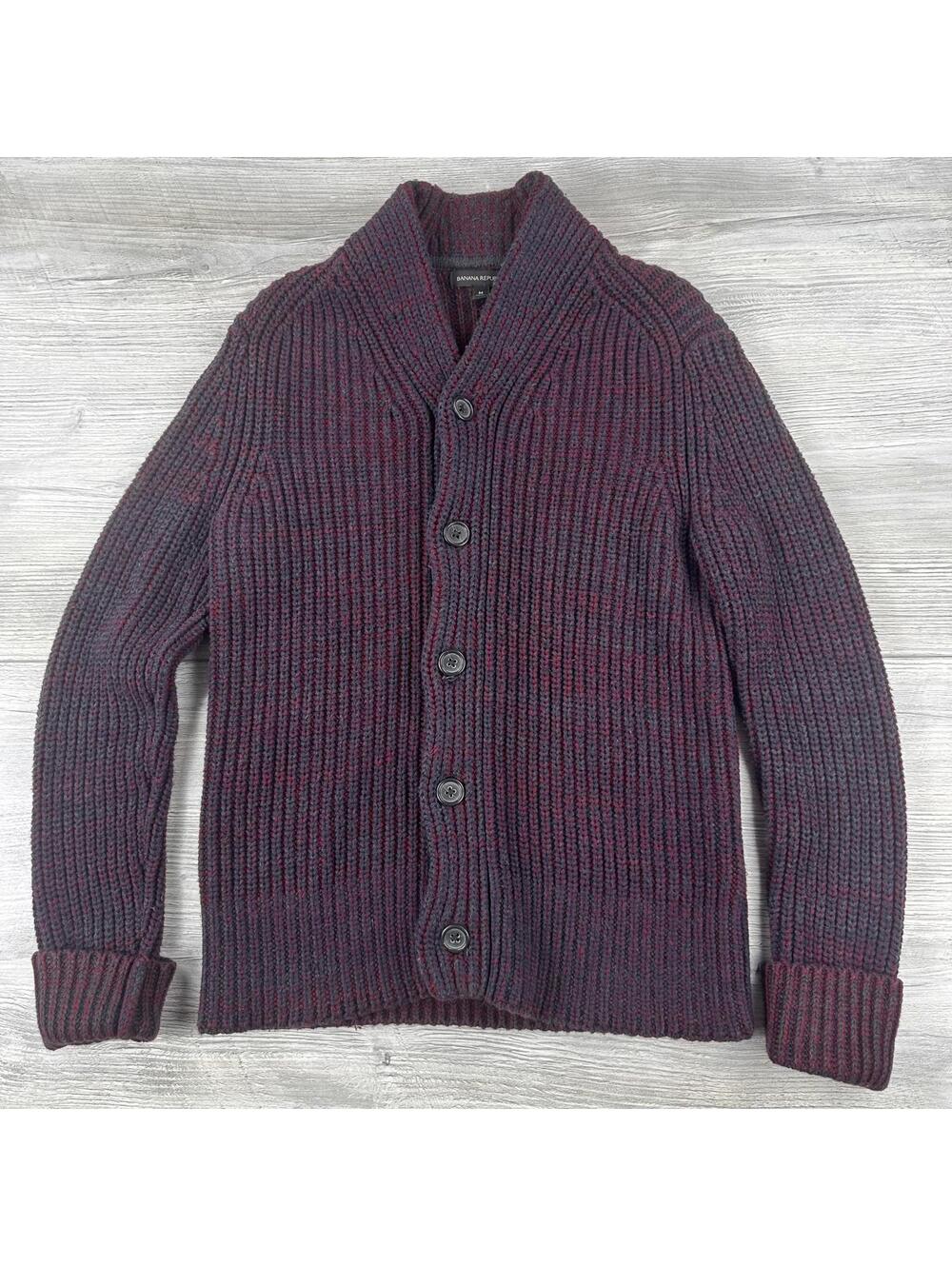 Banana Republic Sweater Mens Medium Red Gray Cardigan Chunky Academia Preppy